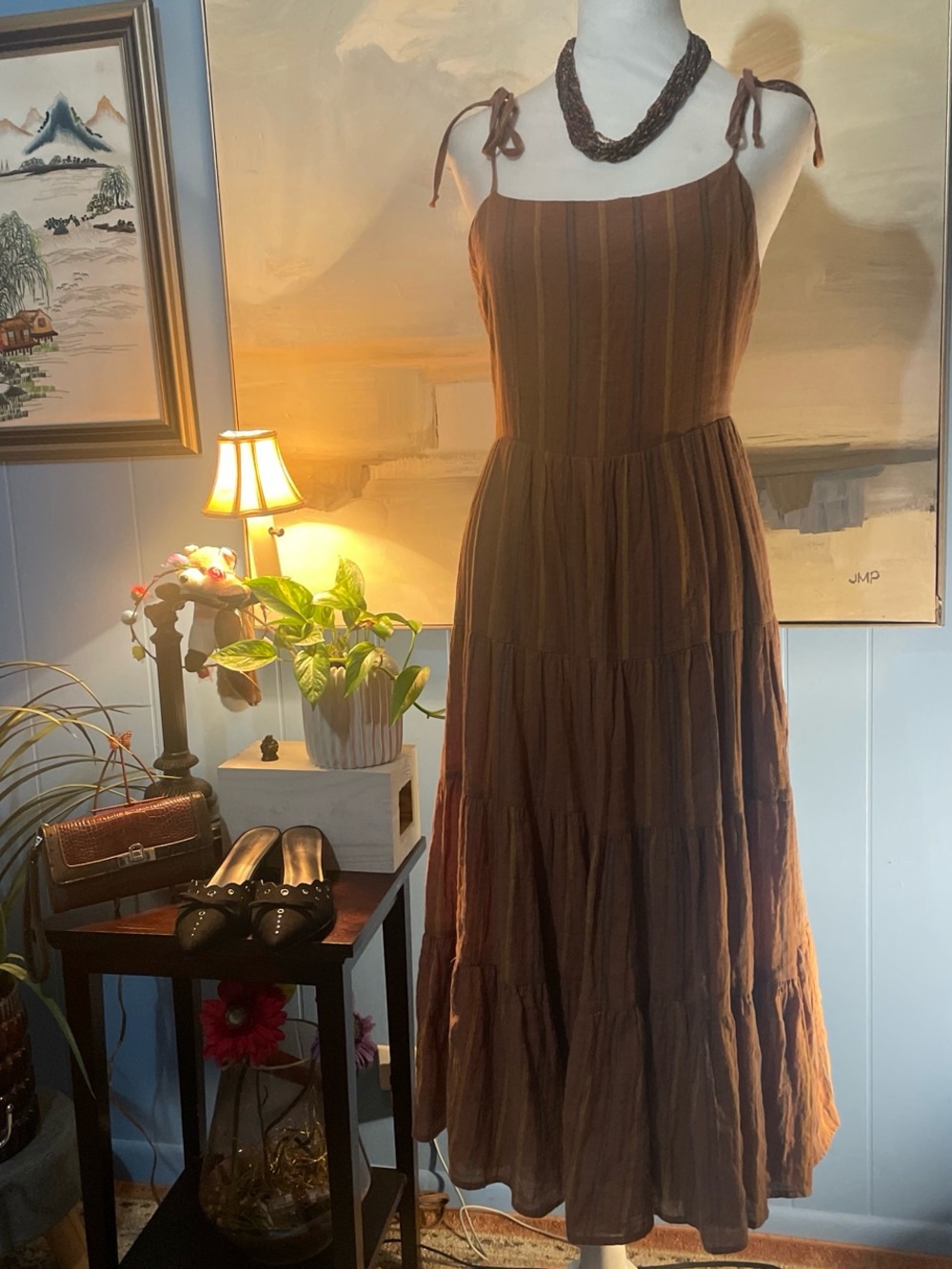 Brown Tiered Maxi Dress Tie Shoulder Straps Boho Cottagecore Summer Dress Large